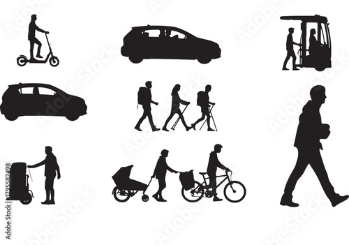 Set of transportation and people silhouettes including walking hiking and driving vector illustration isolated on white background