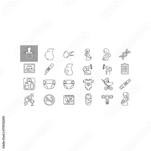 Collection of Pregnancy and Baby Care Icons Featuring Pacifier, Ultrasound, DNA, Stroller, and Newborn Baby