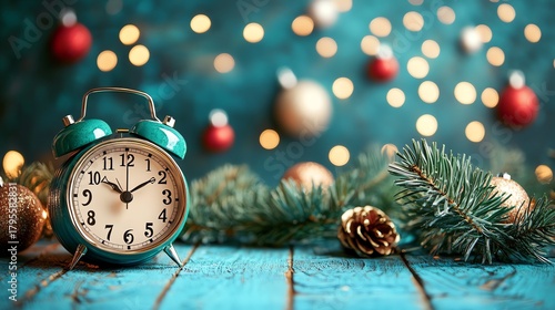 Festive scene with a red alarm clock, Christmas ornaments, and a sheet of paper on a wooden surface. Holiday mood.