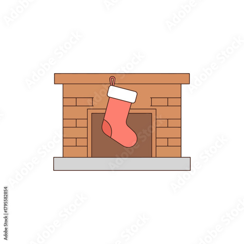 Cozy Christmas stocking hanging on a brick fireplace mantel, festive holiday decoration illustration