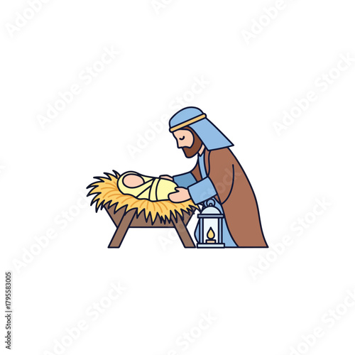 Nativity scene illustration of Saint Joseph tenderly caring for baby Jesus in a manger with a lantern nearby, classic religious art style