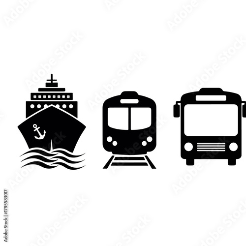 Set of black icons depicting different modes of transport including a ship with an anchor, a train on tracks, and a bus viewed from the front