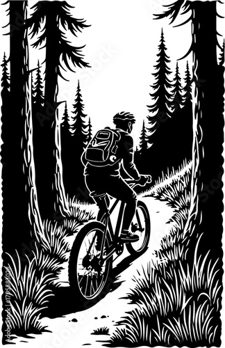 Mountain Biker in Forest Silhouette