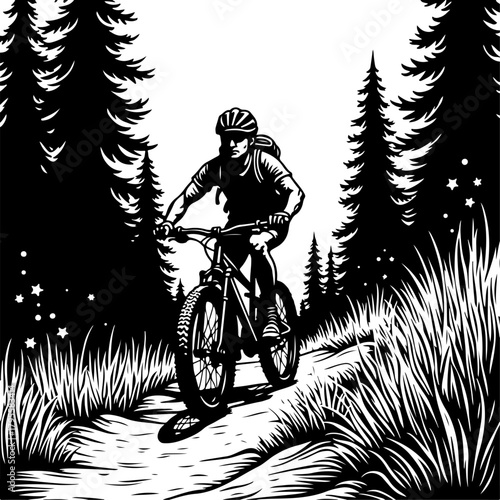 Mountain Biker in Forest Silhouette
