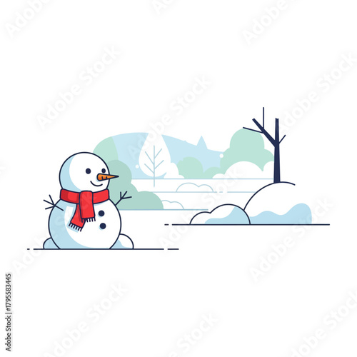 Charming winter scene with a cheerful snowman wearing a red scarf in a snowy landscape with trees and gentle snowdrifts