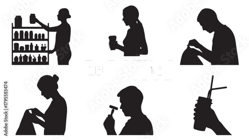 Set of silhouette illustrations showing daily routines including shopping eating and personal care isolated on white background
