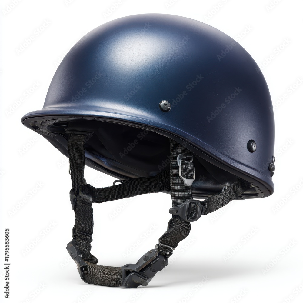 Naklejka premium Matte dark blue protective helmet with chin strap for head safety isolated on white background