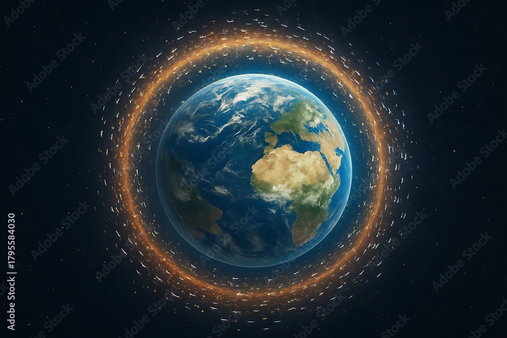 Fototapeta premium Earth from space, surrounded by a dense ring of numerous artificial satellites and space debris