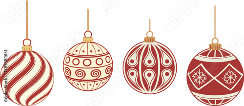 Red and White Christmas Baubles Collection – Festive Holiday Ornaments Set with Snowflake, Star, and Stripe Designs.