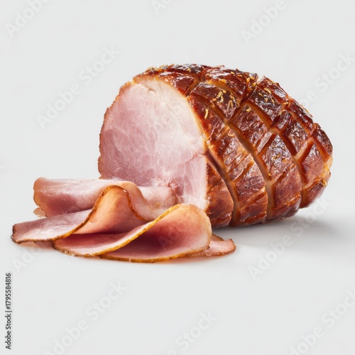 Glazed baked ham with a crispy skin, partially sliced, on a clean background isolated on white background