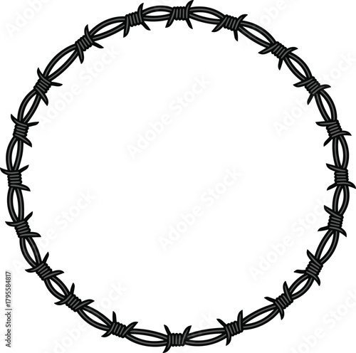Barbed wire oval loop, sharp twisted strands, security fencing symbol, confinement barrier, industrial protection, restricted zone, danger perimeter enclosure, metal structure