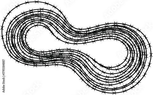 Barbed wire infinity loop, twisted metal strands, abstract security design, industrial fencing symbol, danger boundary, confinement structure, restricted zone protection