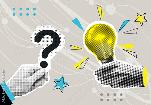 Trendy Halftone Collage Problem solving concept. Two hands hold lightbulb and question mark. Business solution. Creative mind or brainstorm. Ask for reply. Contemporary vector illustration art
