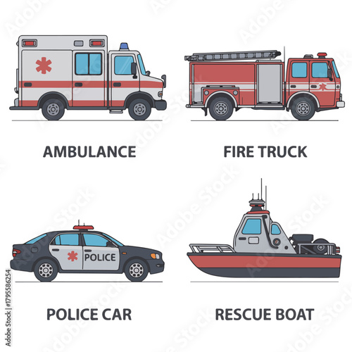 Emergency vehicles collection isolated on, ambulance and fire truck