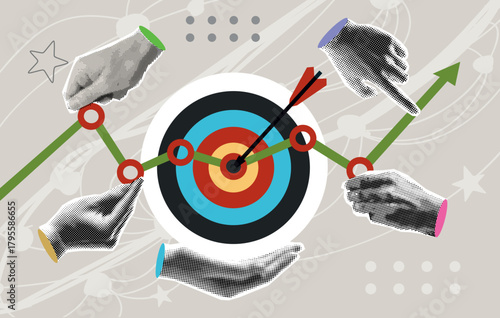 Data analytics concept. Halftone hands hold sales graph and dart board. Modern collage design. Pop art. Growth chart. Successful business performance. Financial success.  Achieving high results