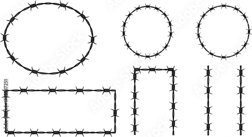 Barbed wire shapes, oval circle rectangle lines, sharp twisted strands, security fencing design, industrial protection, danger boundary, restricted zone structure