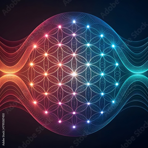 Abstract glowing geometric pattern with interconnected lights and vibrant colors