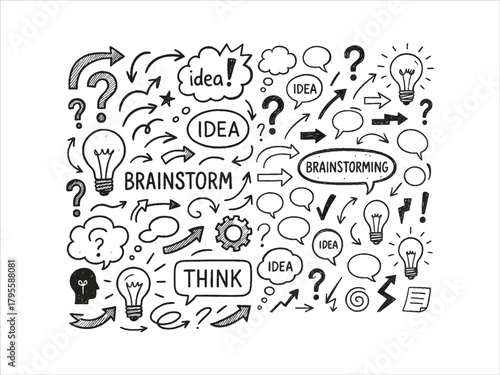 creative brainstorming doodle icons, ideas bubbles, arrows, question marks