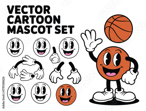 Vintage cartoon basketball mascot set with smiling face and separate body parts vector illustration