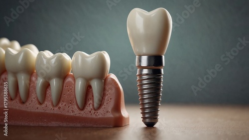 Dental implant next to natural teeth on a textured background