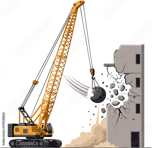 Wrecking Ball Crane Demolition Equipment Vector — Heavy Machinery for Building Takedown, Structural Removal, and Construction Clearing