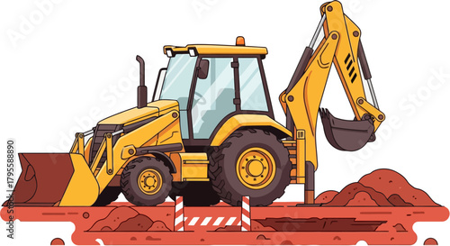Backhoe Loader Heavy Equipment Vector Illustration — Industrial Excavation and Material Handling Machine for Construction Sites