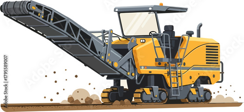 Cold Planer Milling Machine Vector Illustration — Asphalt Road Surface Removal Equipment for Repair, Resurfacing and Infrastructure Maintenance