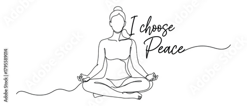 Woman in lotus position choosing peace in a single line drawing for wellness design