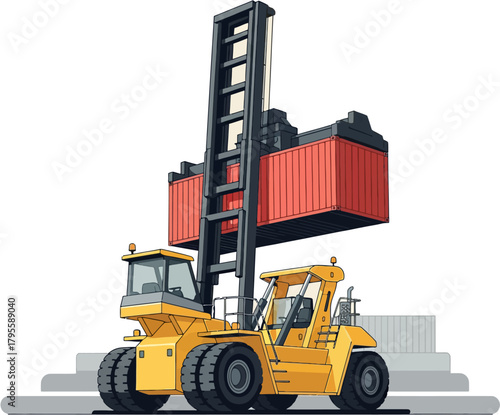 Container Stacker Cargo Handling Vehicle Vector — Heavy Port Equipment for Shipping, Logistics, and Freight Terminal Operations