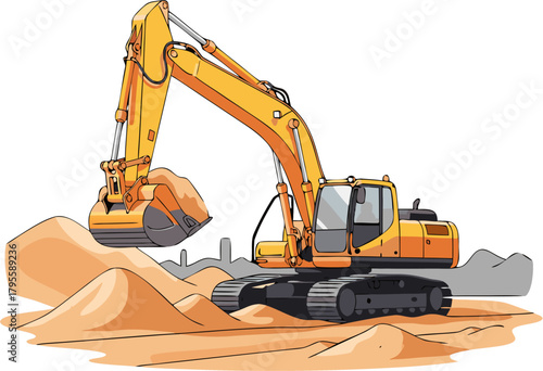 Excavator Heavy Construction Machinery Vector — Industrial Digging and Earthmoving Equipment for Jobsite and Infrastructure Projects