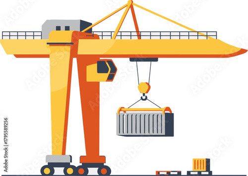 Gantry Crane Heavy Lifting Equipment Vector — Industrial Port and Construction Crane for Cargo Handling and Structural Assembly
