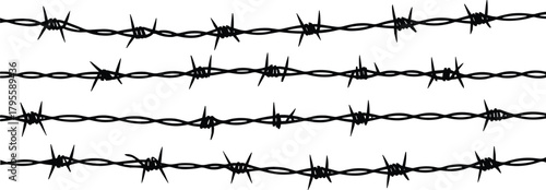 Barbed wire strands, horizontal alignment, sharp twisted metal, security fencing structure, industrial protection, danger boundary, restricted zone, black silhouette design