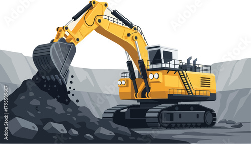Mining Excavator Heavy Earthmoving Machinery Vector — Industrial Equipment for Quarrying, Rock Extraction, and Large Mining Projects