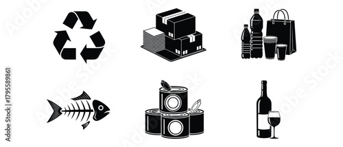 Black and white vector illustration of recycling symbols and waste management icons