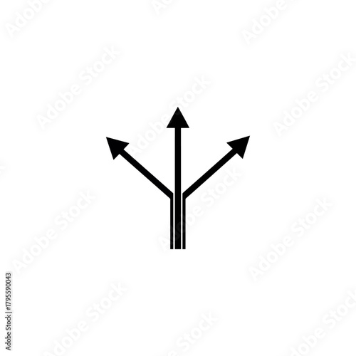 Three directional arrows branching out from a central point, symbolizing choices, divergence, and different pathways, black and white