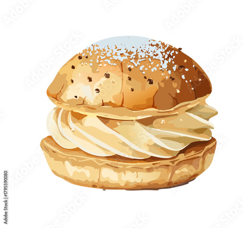 Cream Puff Illustration Set — realistic vector pastries with whipped filling, powdered sugar, and crumbs