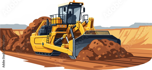 Scraper Earthmoving Construction Machine Vector — Soil Loading, Hauling, and Land Leveling Equipment for Civil and Mining Projects
