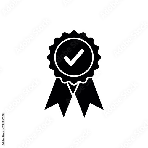 Approved Quality Seal Badge with Check Mark Symbol, Verified Stamp Graphic, Guarantee Ribbon Award Icon, Excellence Certificate Emblem