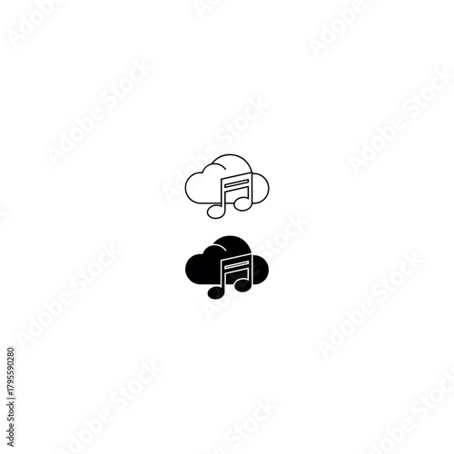 Cloud music icon simple outline and solid fill, cloud symbol with musical note, digital music storage and streaming service concept.