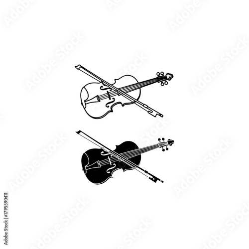 Two Violins With Bows One Silhouette One Line Art Isolated On White Background Music Instruments Collection