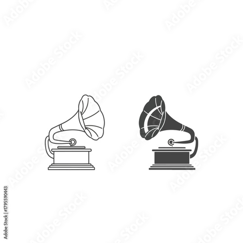 Vintage Gramophone Icon Vector Set Featuring Both Outline and Silhouette Designs for Classic Music and Retro Audio Themes