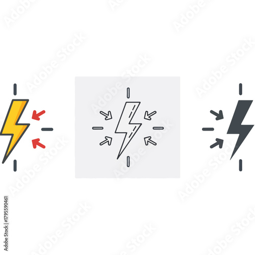 Energy Lightning Bolt Symbol Icon with Arrows Pointing Inward, Representing Power Surge or Concentration of Force