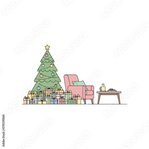 Cozy Christmas scene with a decorated fir tree, wrapped gifts, a comfortable armchair, and a coffee table with hot drink and cookies