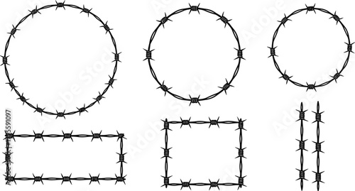 Barbed wire shapes, circular and rectangular forms, sharp twisted strands, security fencing design, industrial protection, danger boundary, restricted zone structure