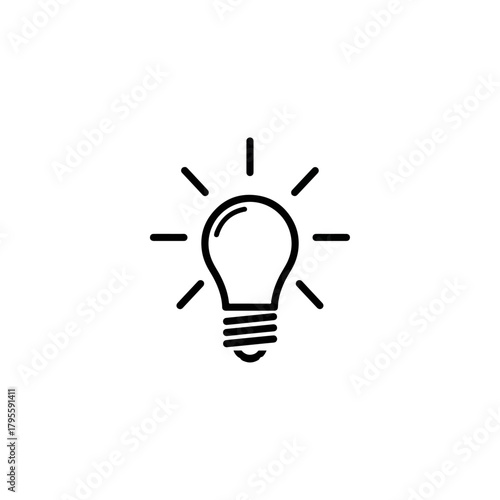 Simple Line Art Illustration of a Glowing Light Bulb Symbolizing Ideas and Innovation with Radiating Light Beams