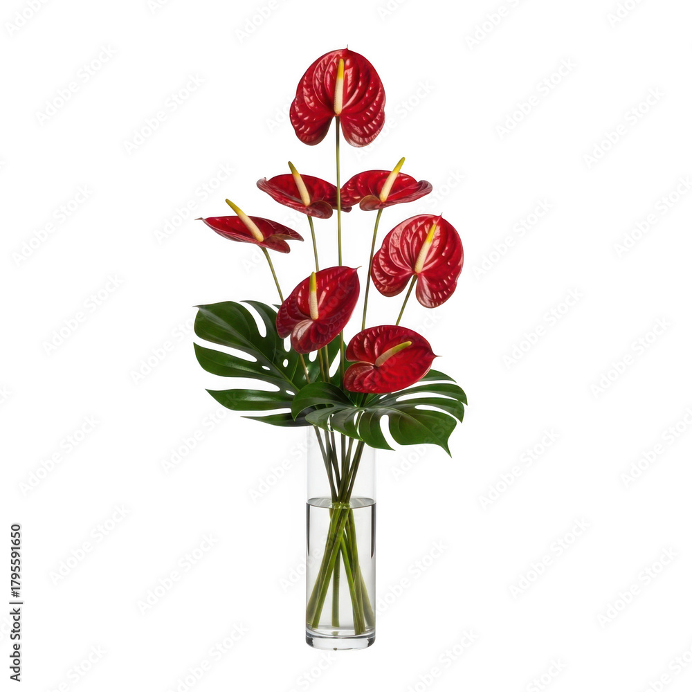 Obraz premium A close-up of vibrant red anthurium flowers with green monstera leaves in a glass vase isolated on transparent background