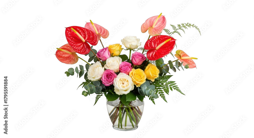Fototapeta premium Vibrant mixed bouquet with roses and anthuriums in a glass vase isolated on transparent background
