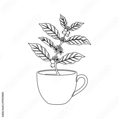 Minimalist Line Art Coffee Plant Growing from Ceramic Mug Icon