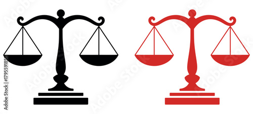 Symbolic scales of justice in black and red evoke fairness, balance, and legal decisions for modern business and law concepts.