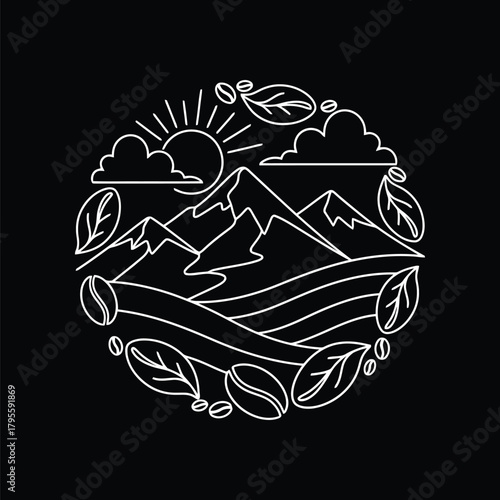 Mountain Coffee Origin Landscape Monoline Illustration